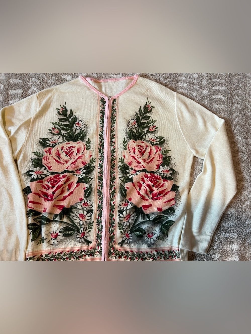 Vintage 50’s Ivory Cardigan with Pink Rose Floral Embroidery
